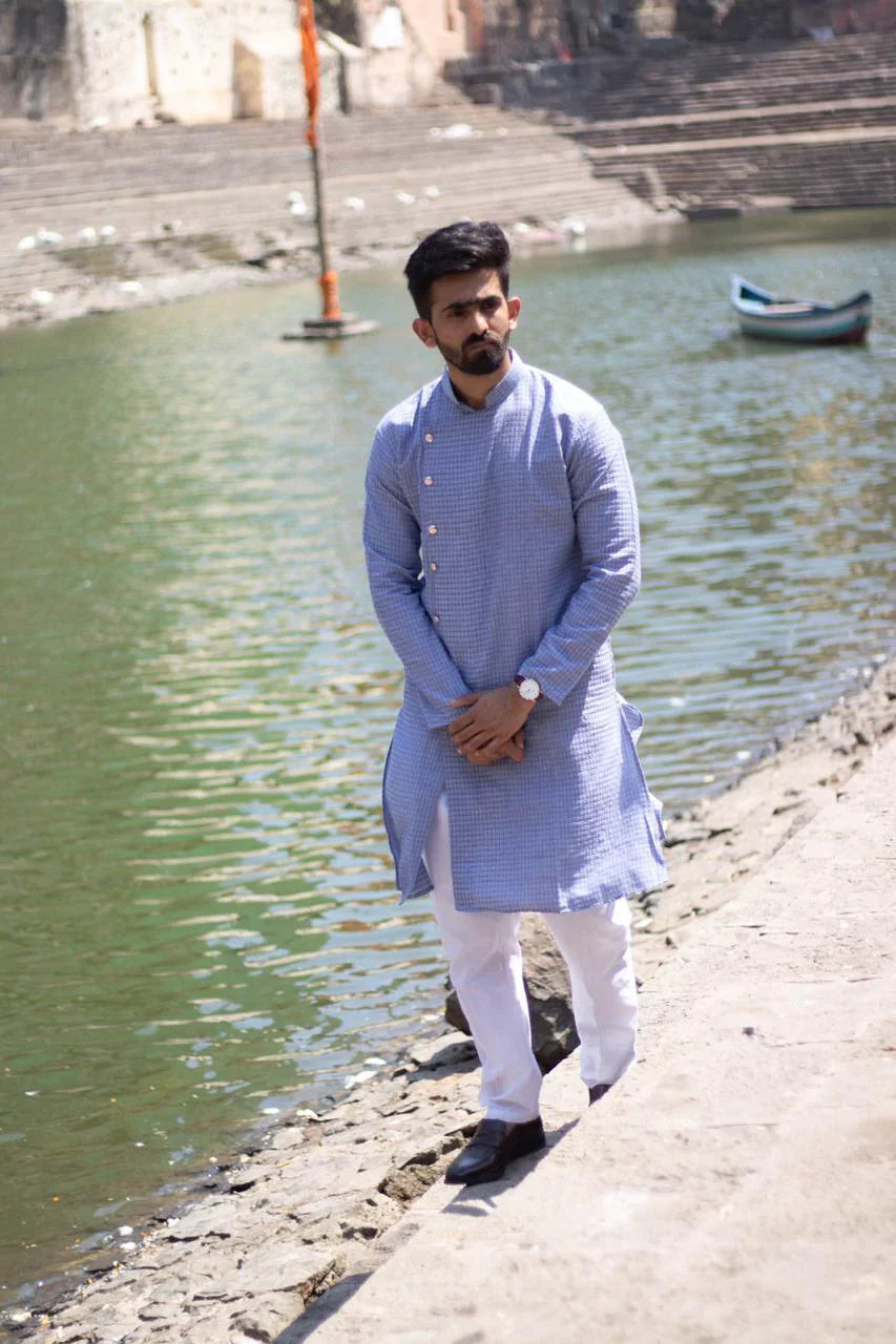 Jompers Men's Steel Blue Self Design Kurta with Pajama - Distacart