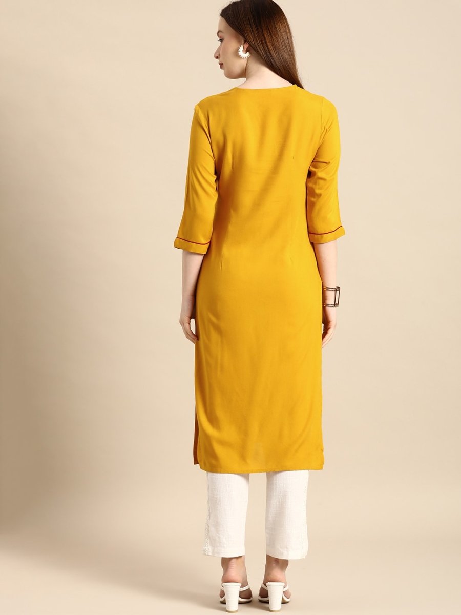 All About You Women Mustard Yellow Ethnic Motifs Yoke Design Keyhole Neck Straight Kurta - Distacart