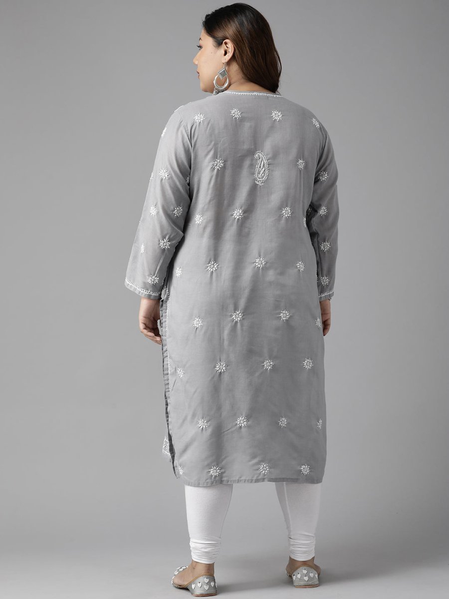 ADA Women Plus Size Grey Floral Embroidered Chikankari Kurta - Distacart