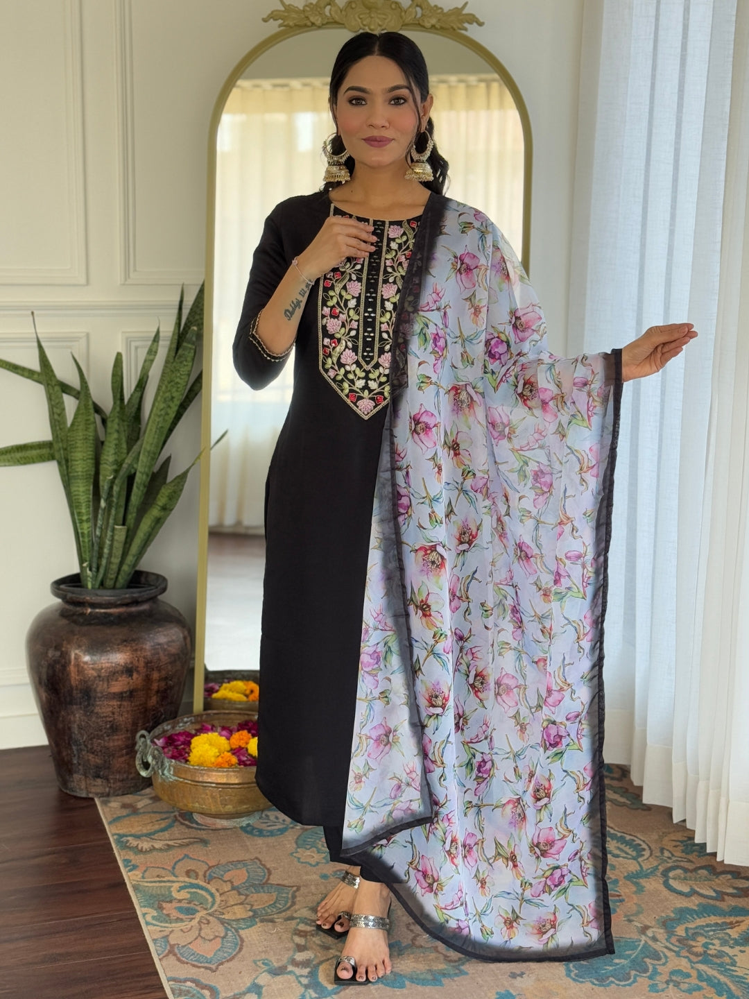 The52 Women Embroidery Work with Rayon Fabric Straight Kurta, Pant and Dupatta Set