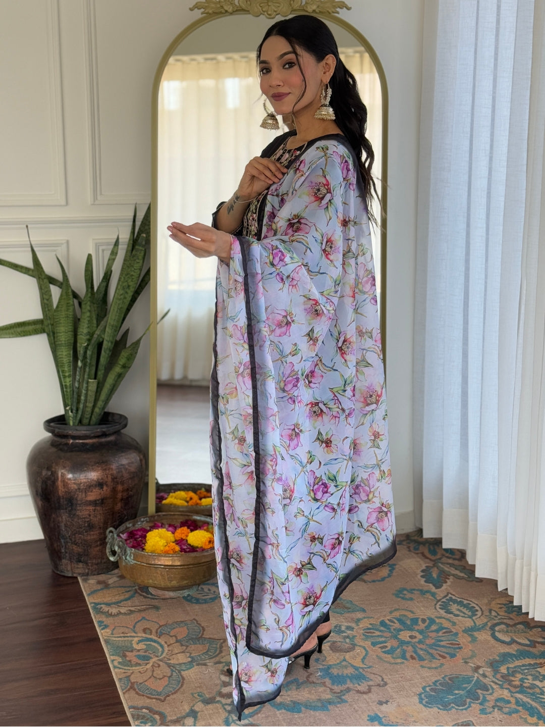 The52 Women Embroidery Work with Rayon Fabric Straight Kurta, Pant and Dupatta Set