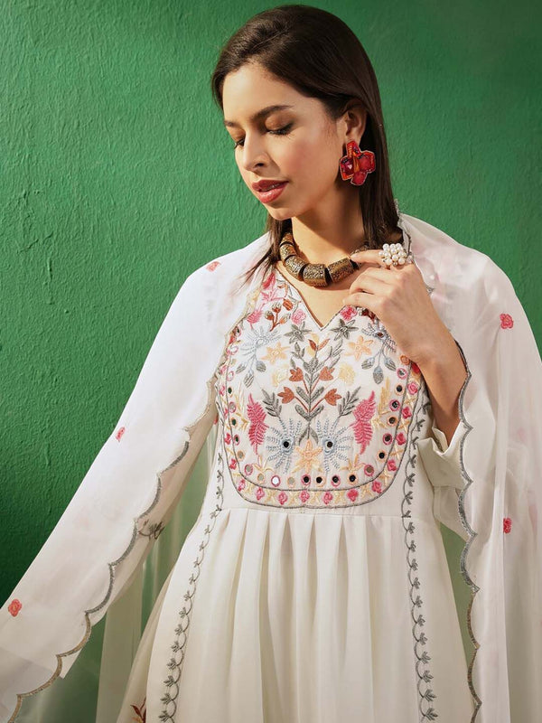 Sangria V-Neck Long Sleeves Thread Work Embroidered Kurta Sets