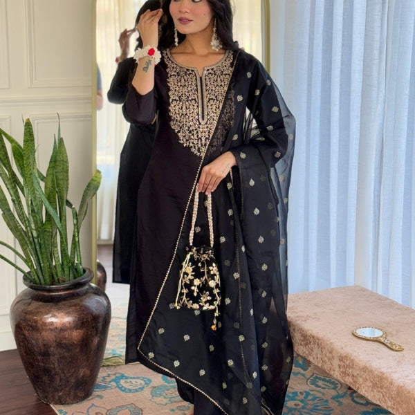The52 Women Embroidery Work with Viscose Fabric Straight Kurta, Pant and Dupatta Set - Distacart