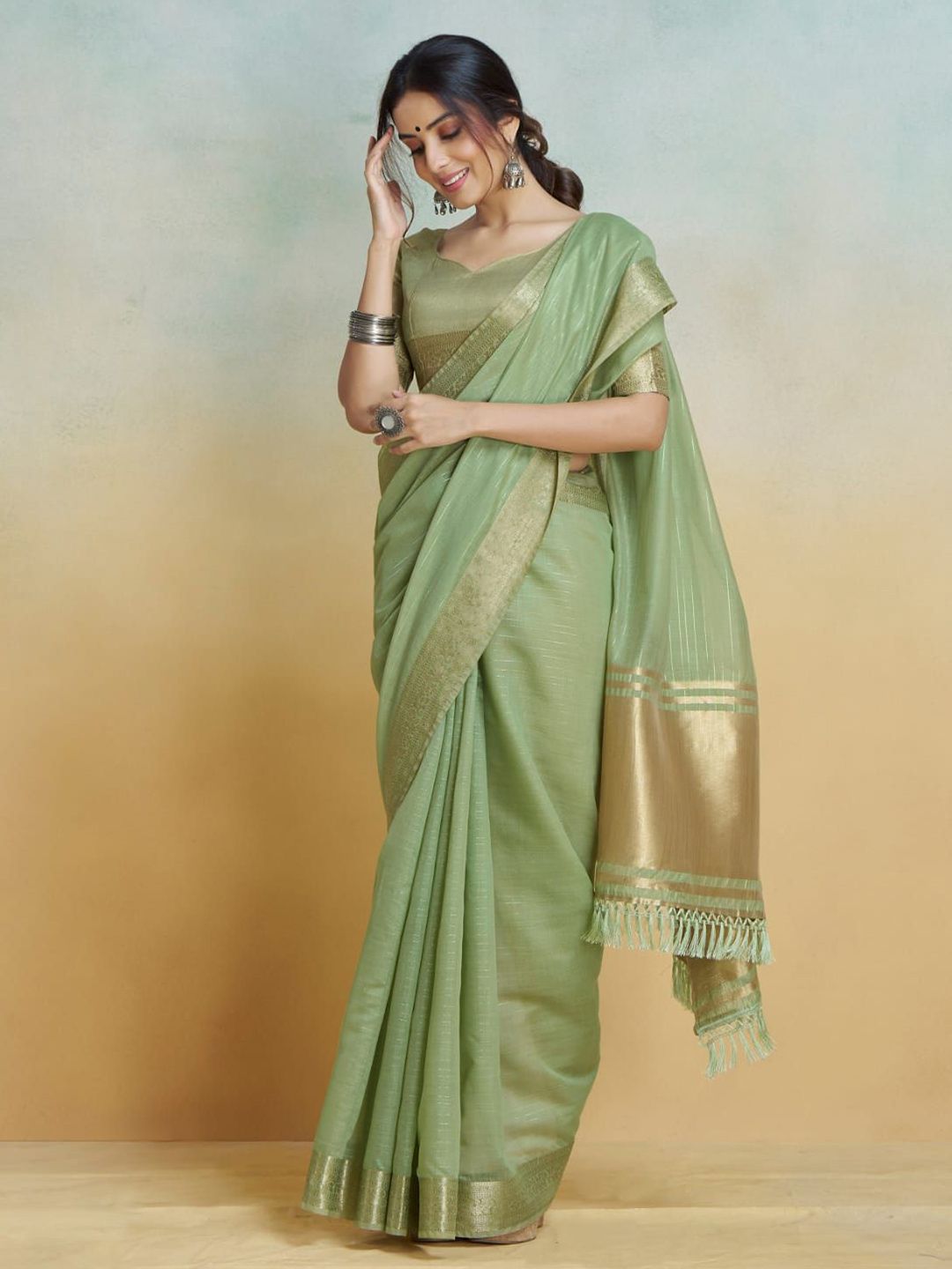 Mitera Striped Zari Pure Cotton Chanderi Saree - Distacart