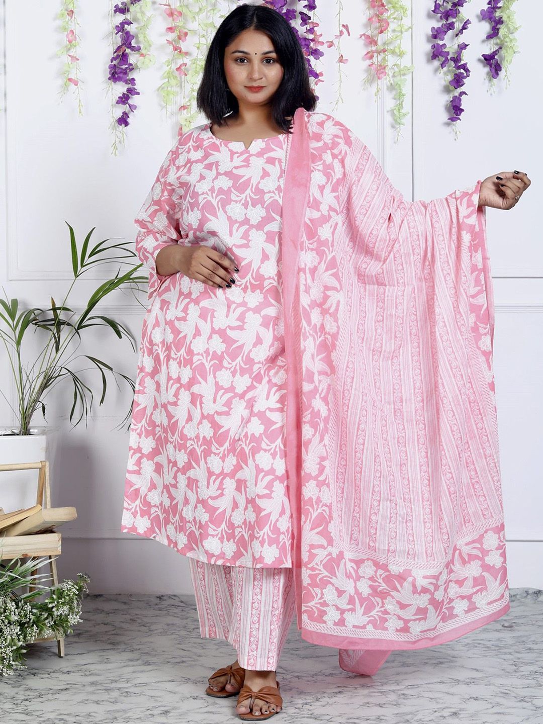 Swasti Women Floral Printed Regular Sequinned Pure Cotton Kurta with Trousers & With Dupatta - Distacart