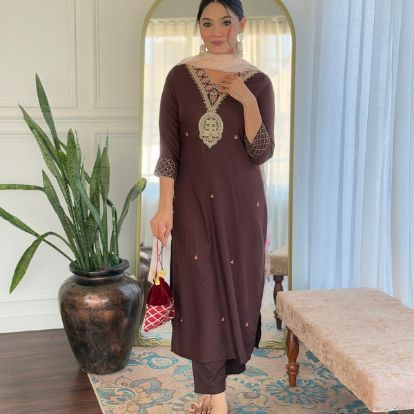 The52 Women's Rayon Slub Embroidery work Straight Kurta with Pant and Dupatta Set