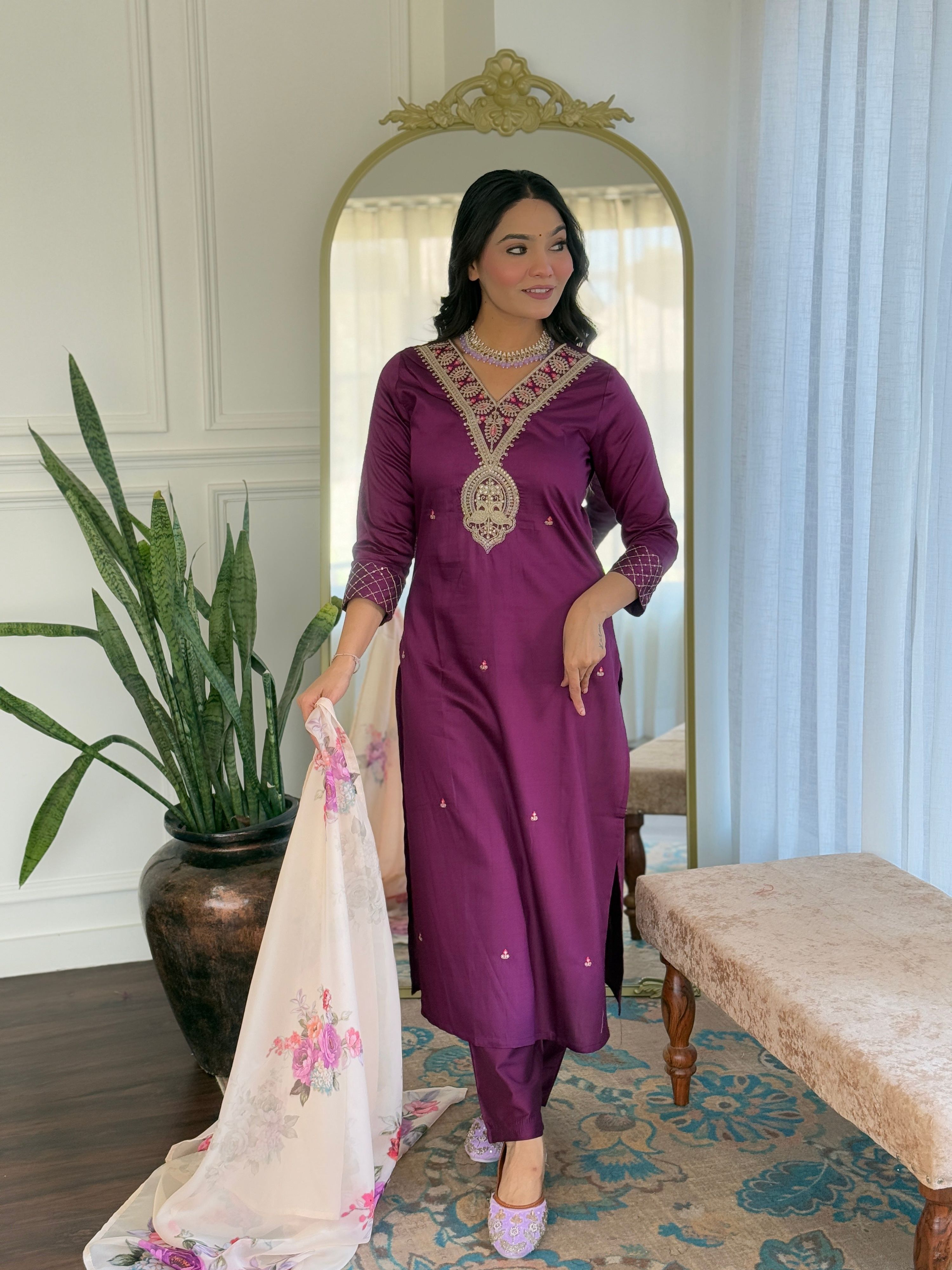 The52 Women's Rayon Slub Embroidery work Straight Kurta with Pant and Dupatta Set