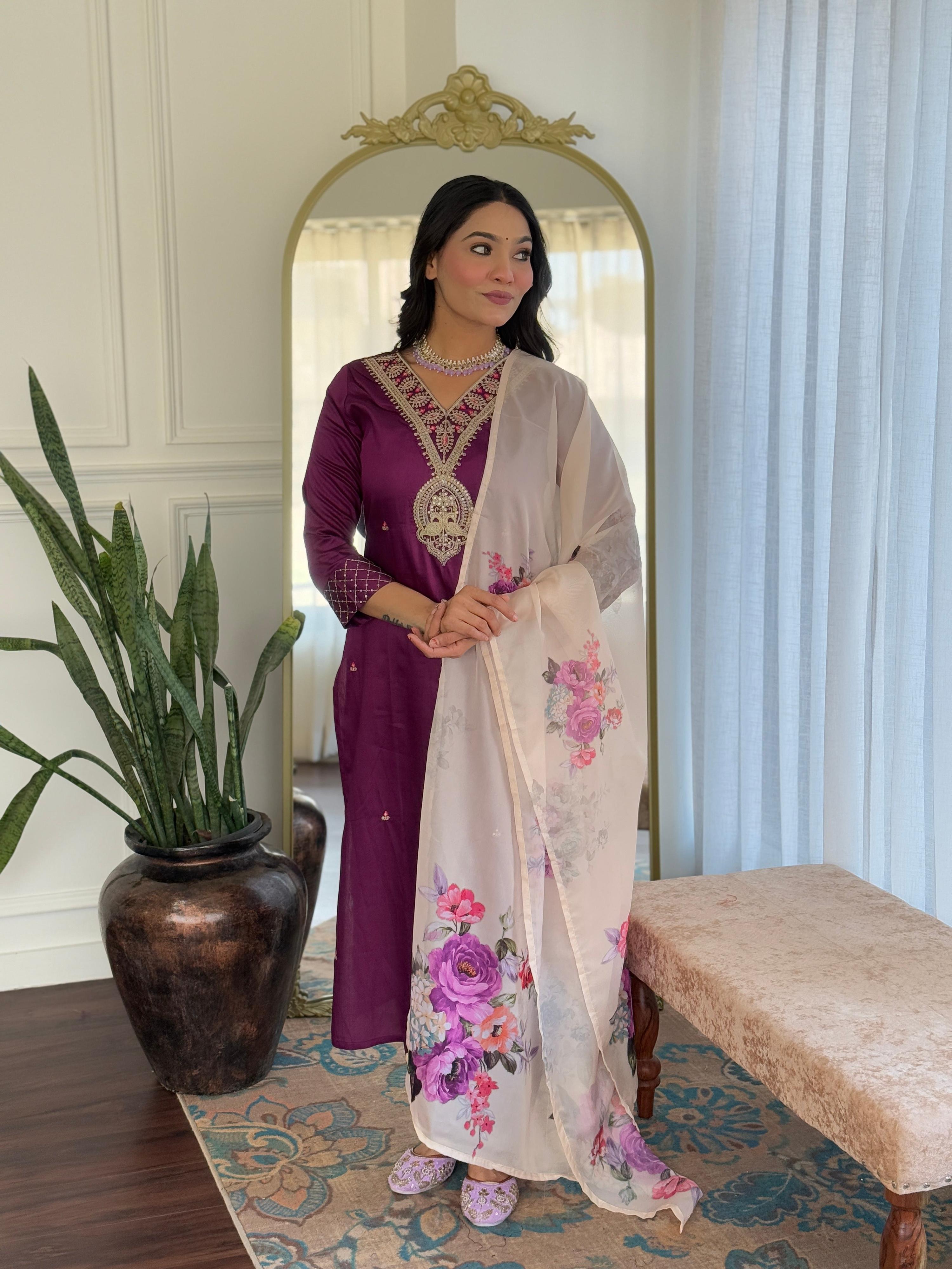 The52 Women's Rayon Slub Embroidery work Straight Kurta with Pant and Dupatta Set