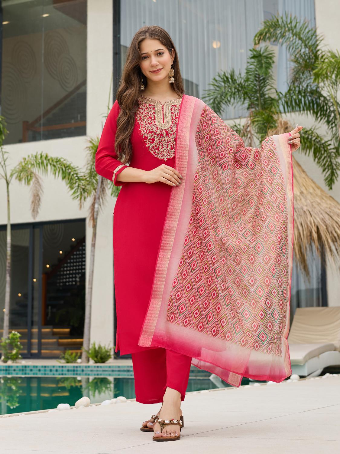 The52 Women's Beautiful Rayon Embroidery work Straight Kurta with Pant and Dupatta Set