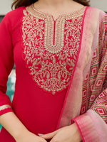 Thumbnail for The52 Women's Beautiful Rayon Embroidery work Straight Kurta with Pant and Dupatta Set