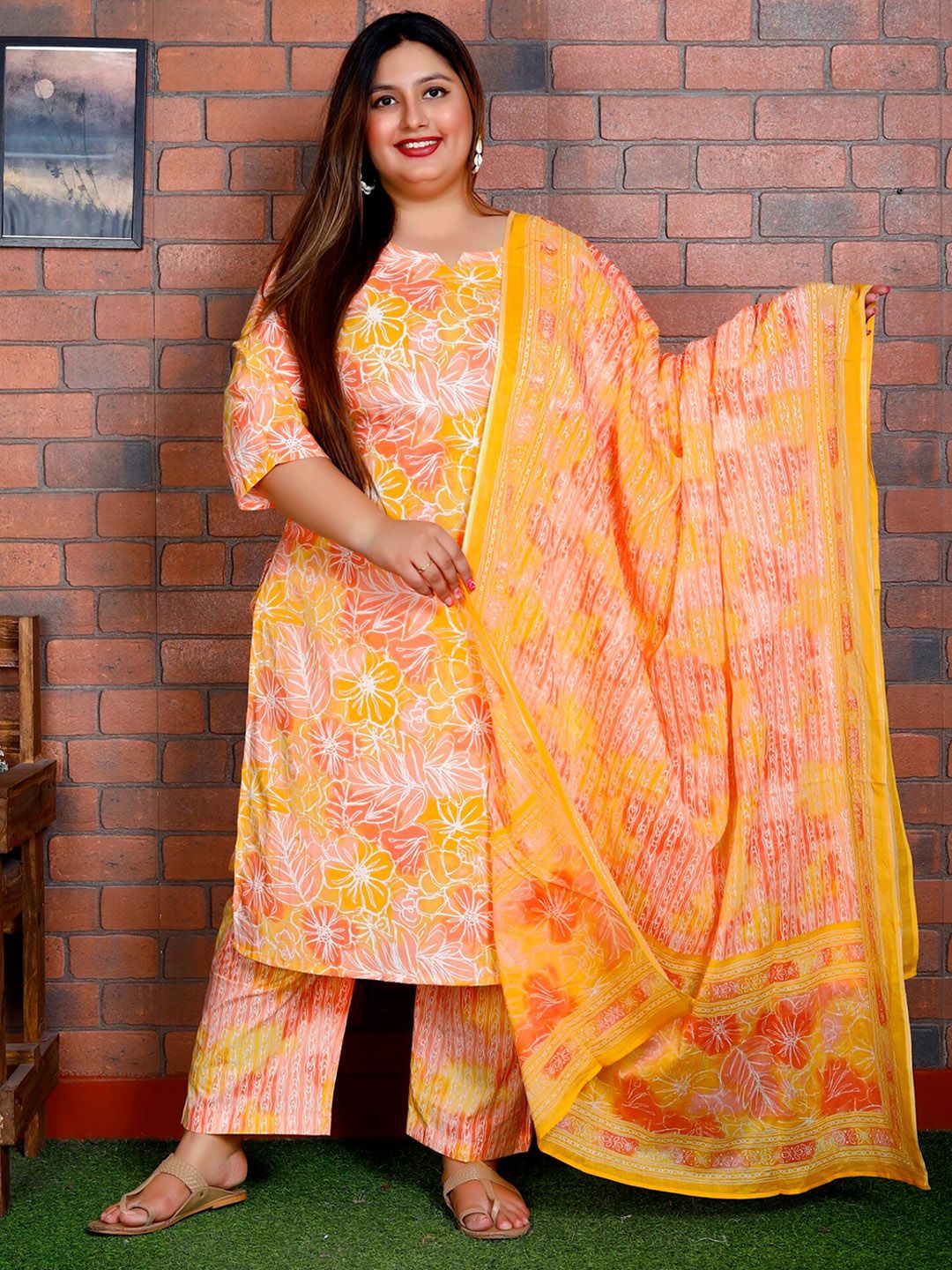 Swasti Women Floral Printed Regular Sequinned Pure Cotton Kurta with Trousers & With Dupatta - Distacart