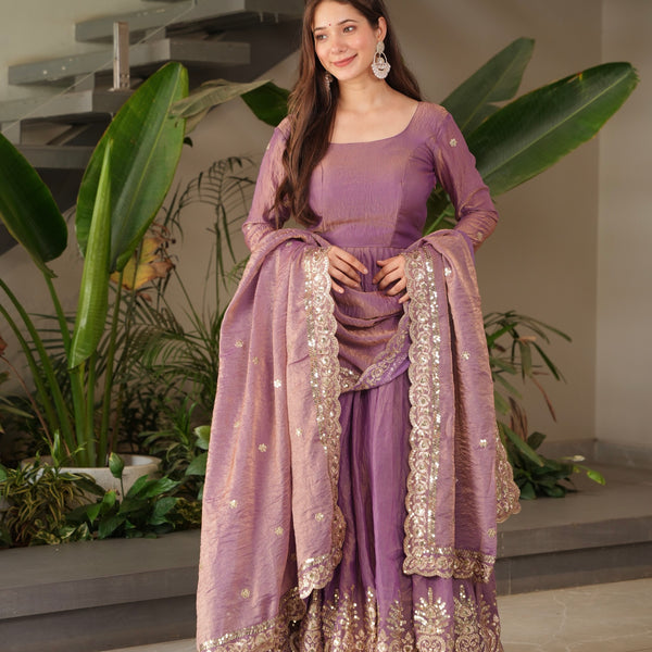 Lorenvalley Fashion Lavender Fendy Satin Embroidery Sequins Work Anarkali Gown with Dupatta - Distacart