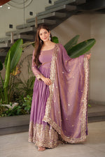 Thumbnail for Lorenvalley Fashion Lavender Fendy Satin Embroidery Sequins Work Anarkali Gown with Dupatta - Distacart