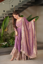 Thumbnail for Lorenvalley Fashion Lavender Fendy Satin Embroidery Sequins Work Anarkali Gown with Dupatta - Distacart