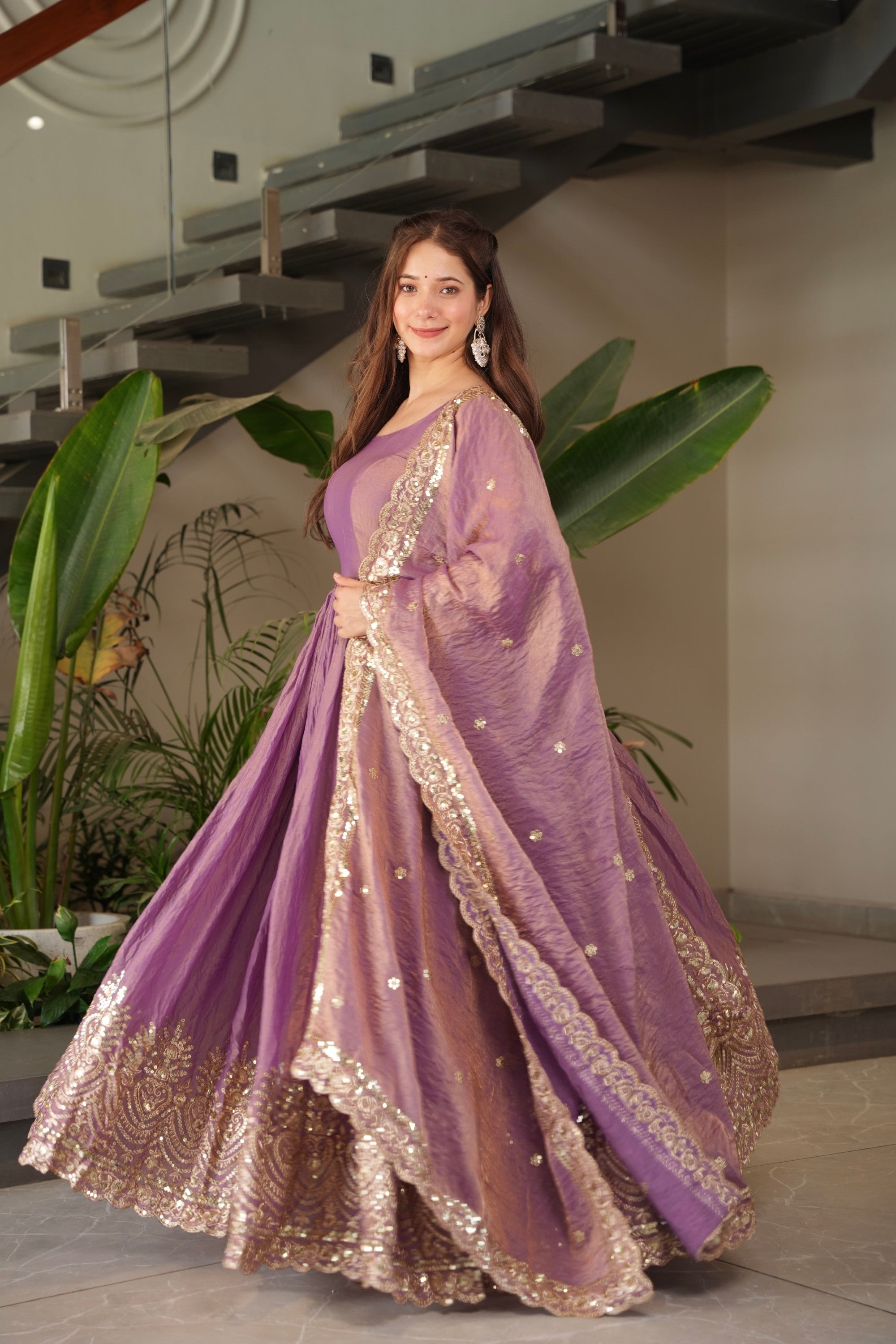 Lorenvalley Fashion Lavender Fendy Satin Embroidery Sequins Work Anarkali Gown with Dupatta - Distacart