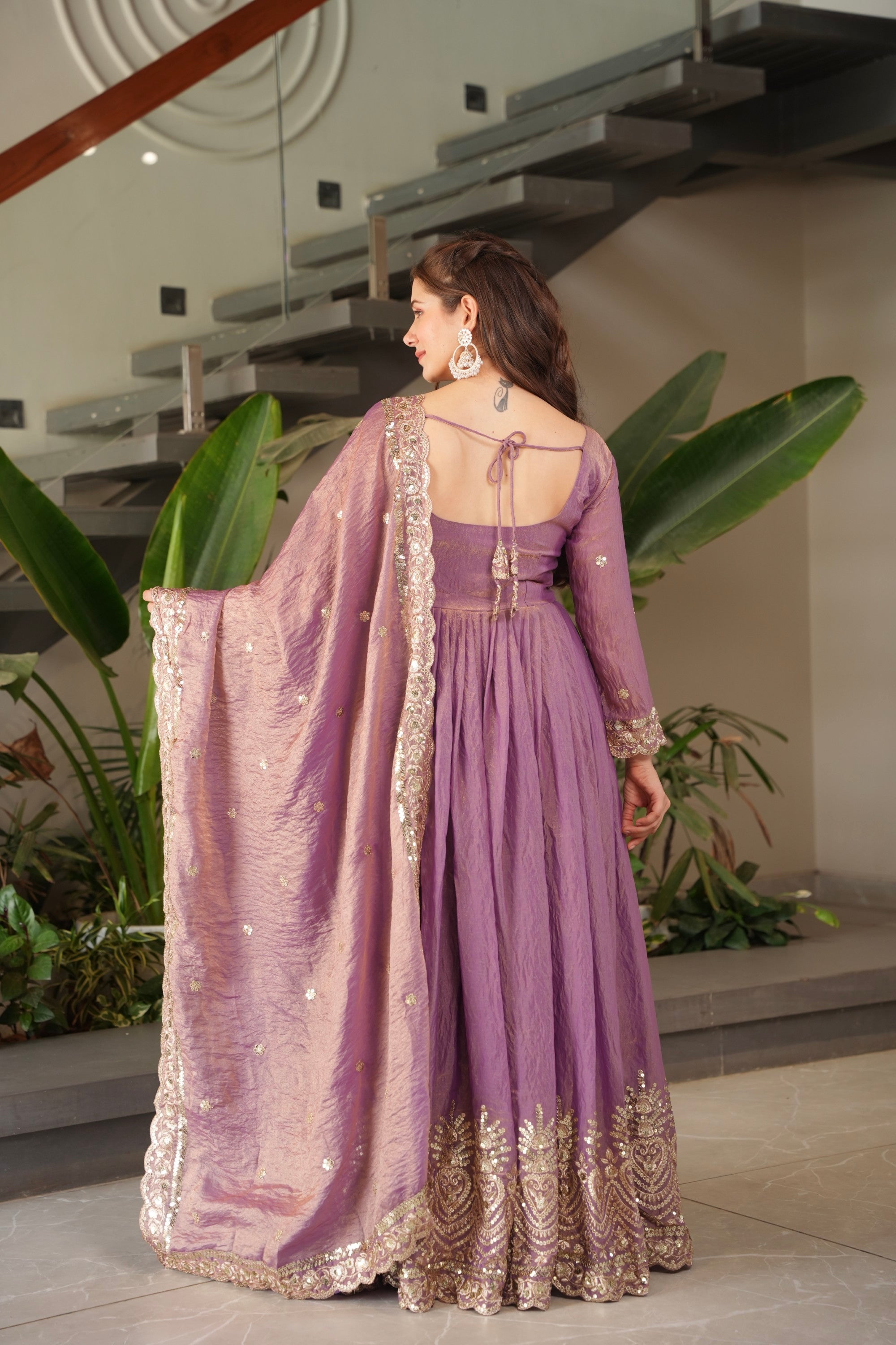 Lorenvalley Fashion Lavender Fendy Satin Embroidery Sequins Work Anarkali Gown with Dupatta - Distacart
