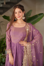 Thumbnail for Lorenvalley Fashion Lavender Fendy Satin Embroidery Sequins Work Anarkali Gown with Dupatta - Distacart