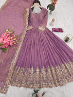 Thumbnail for Lorenvalley Fashion Lavender Fendy Satin Embroidery Sequins Work Anarkali Gown with Dupatta - Distacart