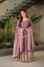 Thumbnail for Lorenvalley Fashion Lavender Fendy Satin Embroidery Sequins Work Anarkali Gown with Dupatta - Distacart