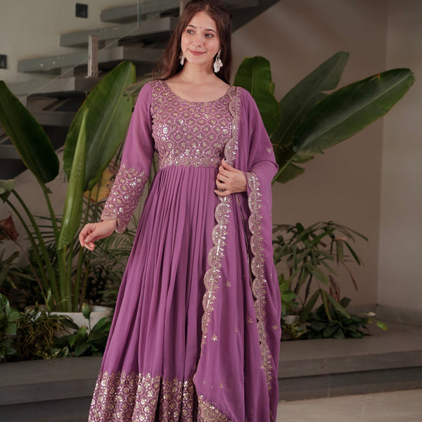 Lorenvalley Fashion Lavender Faux Georgette Embroidery & Sequins Work Anarkali Gown Sharara with Dupatta - Distacart