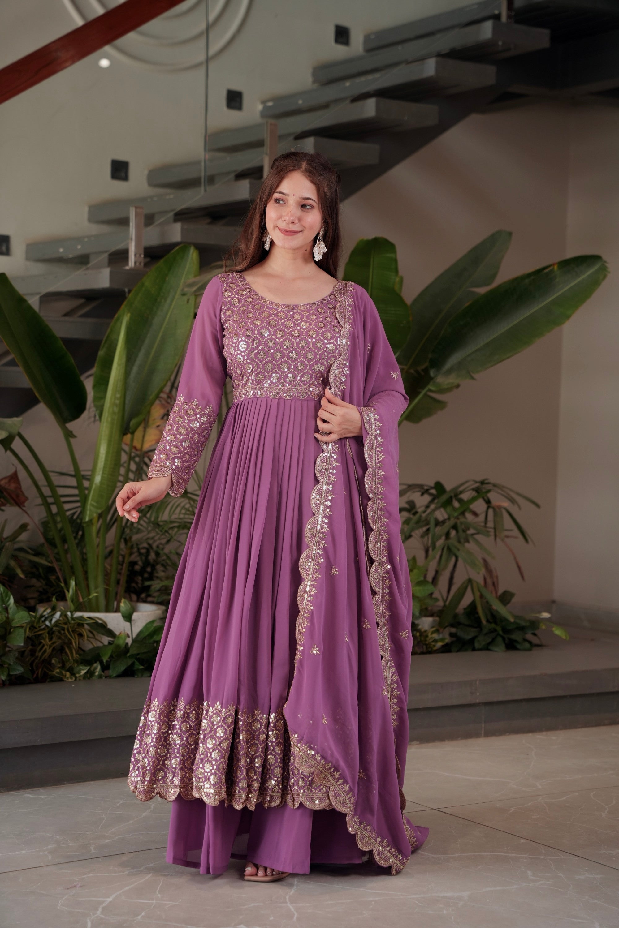 Lorenvalley Fashion Lavender Faux Georgette Embroidery & Sequins Work Anarkali Gown Sharara with Dupatta - Distacart