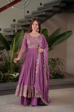 Thumbnail for Lorenvalley Fashion Lavender Faux Georgette Embroidery & Sequins Work Anarkali Gown Sharara with Dupatta - Distacart