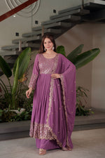 Thumbnail for Lorenvalley Fashion Lavender Faux Georgette Embroidery & Sequins Work Anarkali Gown Sharara with Dupatta - Distacart