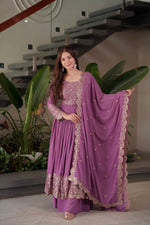 Thumbnail for Lorenvalley Fashion Lavender Faux Georgette Embroidery & Sequins Work Anarkali Gown Sharara with Dupatta - Distacart