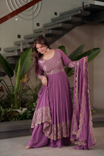 Thumbnail for Lorenvalley Fashion Lavender Faux Georgette Embroidery & Sequins Work Anarkali Gown Sharara with Dupatta - Distacart