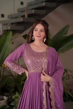 Thumbnail for Lorenvalley Fashion Lavender Faux Georgette Embroidery & Sequins Work Anarkali Gown Sharara with Dupatta - Distacart