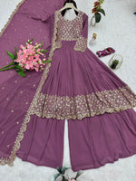 Thumbnail for Lorenvalley Fashion Lavender Faux Georgette Embroidery & Sequins Work Anarkali Gown Sharara with Dupatta - Distacart