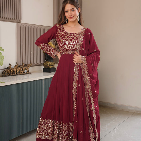 Lorenvalley Fashion Maroon Faux Georgette Embroidery & Sequins Work Anarkali Gown Sharara with Dupatta - Distacart