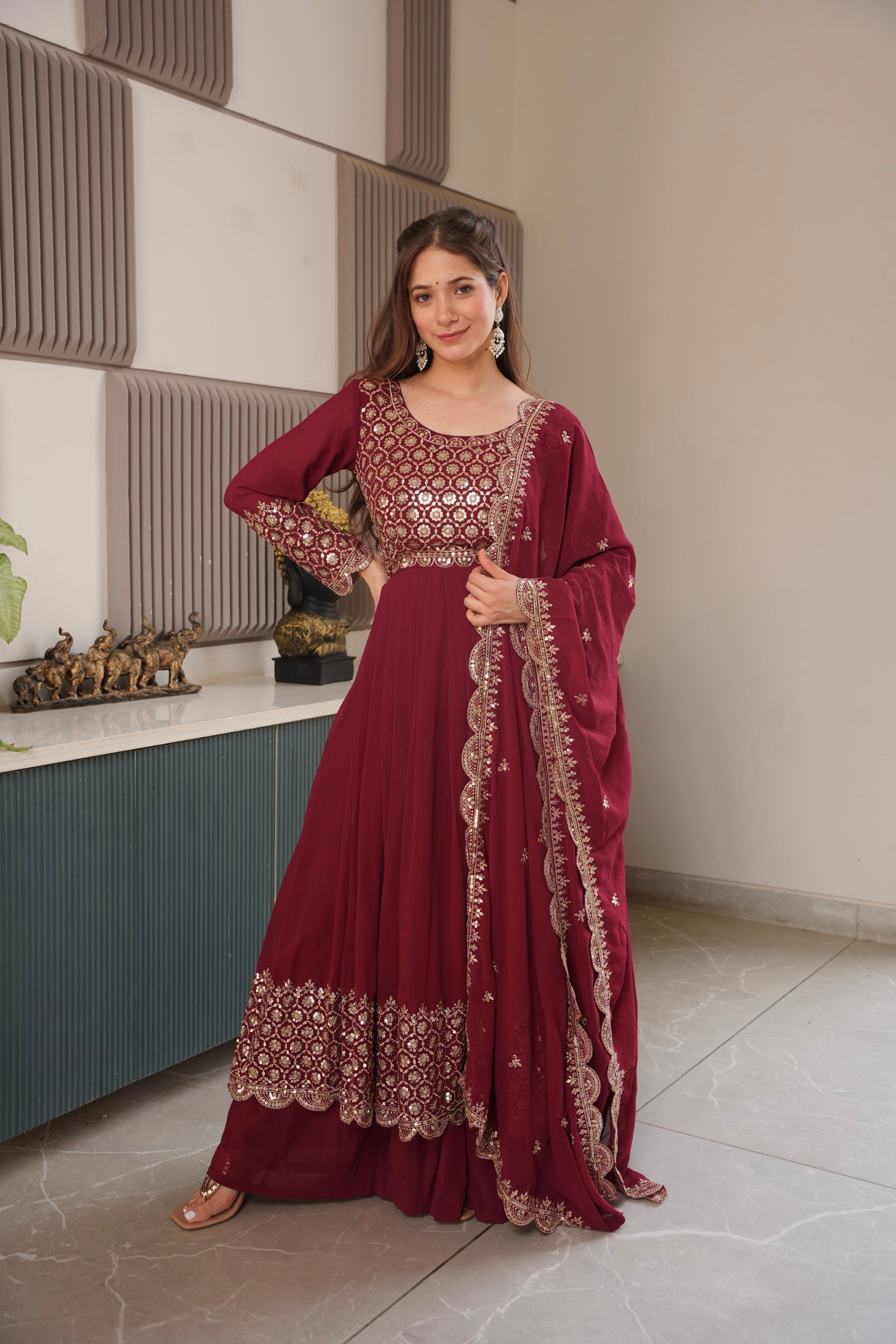 Lorenvalley Fashion Maroon Faux Georgette Embroidery & Sequins Work Anarkali Gown Sharara with Dupatta - Distacart