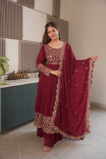 Thumbnail for Lorenvalley Fashion Maroon Faux Georgette Embroidery & Sequins Work Anarkali Gown Sharara with Dupatta - Distacart
