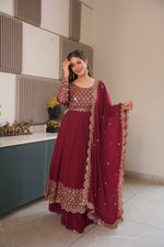 Thumbnail for Lorenvalley Fashion Maroon Faux Georgette Embroidery & Sequins Work Anarkali Gown Sharara with Dupatta - Distacart