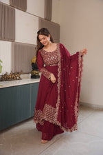 Thumbnail for Lorenvalley Fashion Maroon Faux Georgette Embroidery & Sequins Work Anarkali Gown Sharara with Dupatta - Distacart