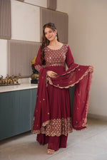 Thumbnail for Lorenvalley Fashion Maroon Faux Georgette Embroidery & Sequins Work Anarkali Gown Sharara with Dupatta - Distacart