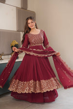 Thumbnail for Lorenvalley Fashion Maroon Faux Georgette Embroidery & Sequins Work Anarkali Gown Sharara with Dupatta - Distacart