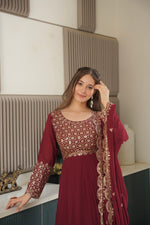 Thumbnail for Lorenvalley Fashion Maroon Faux Georgette Embroidery & Sequins Work Anarkali Gown Sharara with Dupatta - Distacart