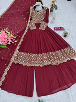 Thumbnail for Lorenvalley Fashion Maroon Faux Georgette Embroidery & Sequins Work Anarkali Gown Sharara with Dupatta - Distacart