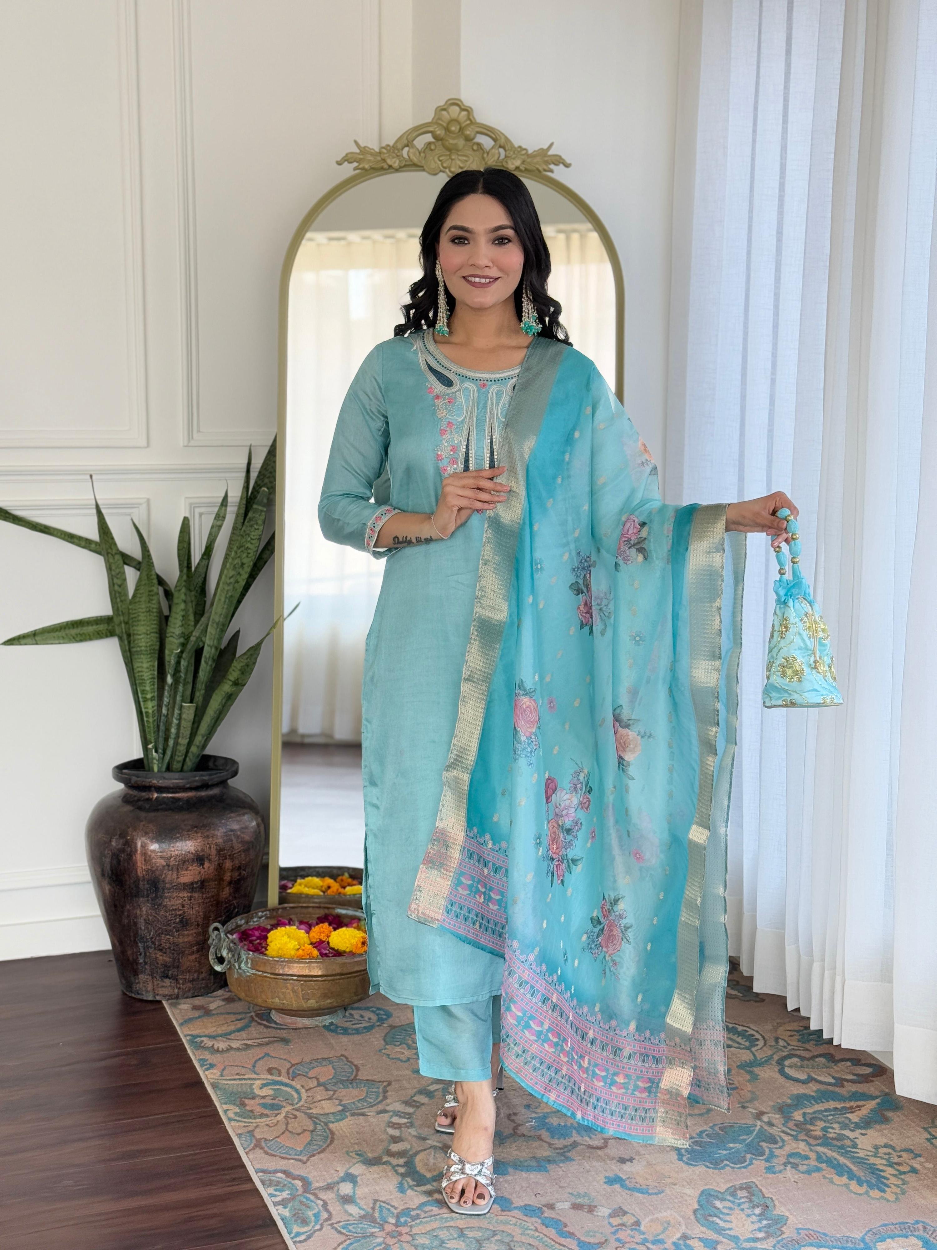 The52 Women's Viscose Embroidery work Straight Kurta with Pant and Dupatta Set
