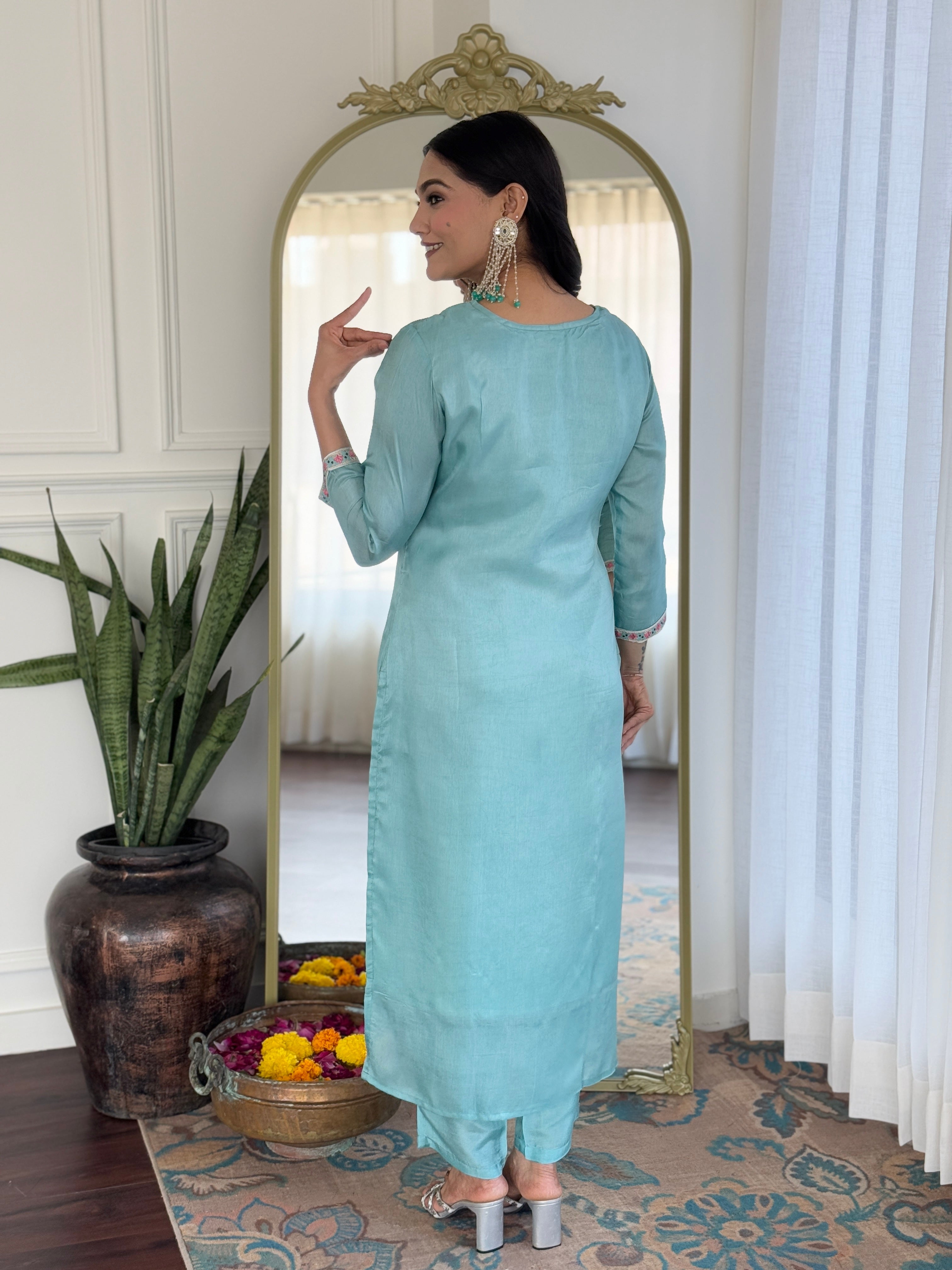 The52 Women's Viscose Embroidery work Straight Kurta with Pant and Dupatta Set