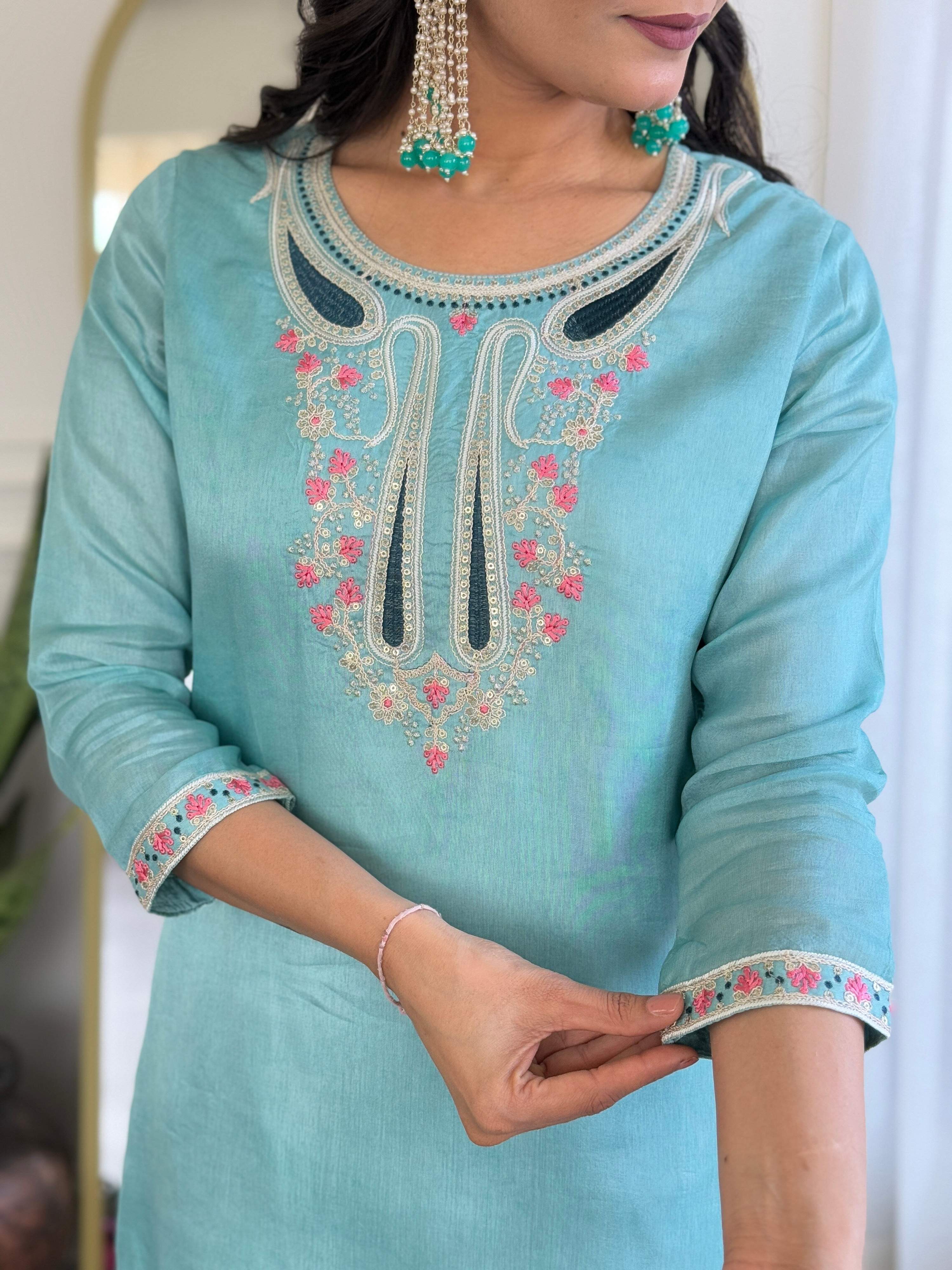 The52 Women's Viscose Embroidery work Straight Kurta with Pant and Dupatta Set
