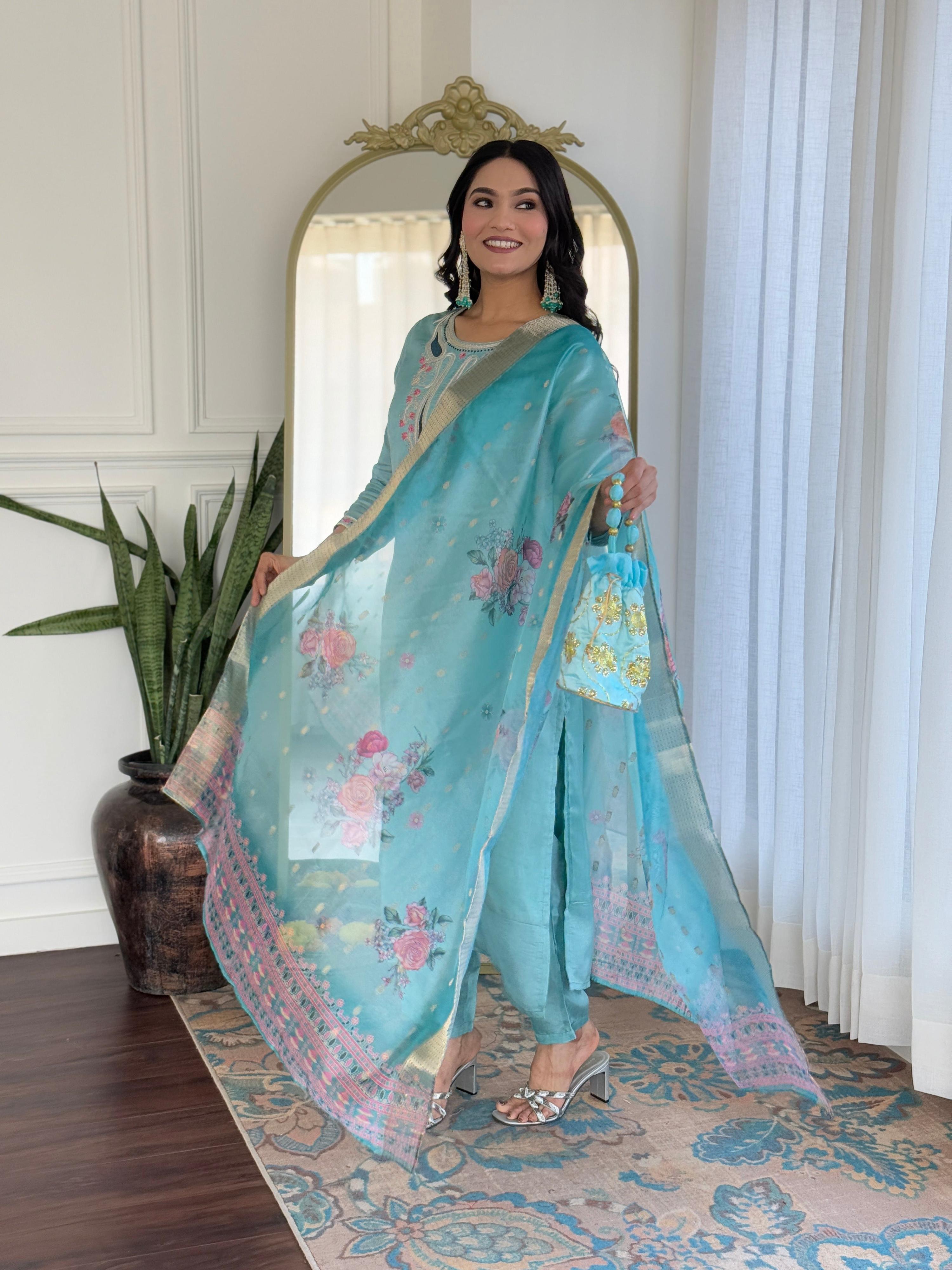 The52 Women's Viscose Embroidery work Straight Kurta with Pant and Dupatta Set