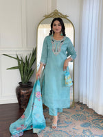 Thumbnail for The52 Women's Viscose Embroidery work Straight Kurta with Pant and Dupatta Set