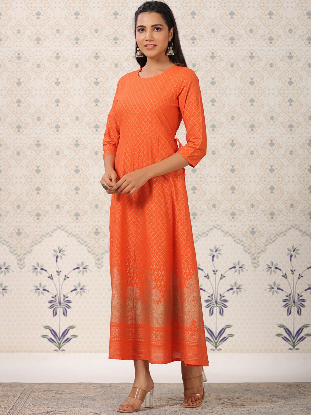 Ode by House of Pataudi Orange Coloured Ethnic Motifs Woven Design Anarkali Kurta - Distacart
