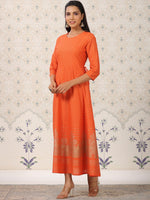 Thumbnail for Ode by House of Pataudi Orange Coloured Ethnic Motifs Woven Design Anarkali Kurta - Distacart