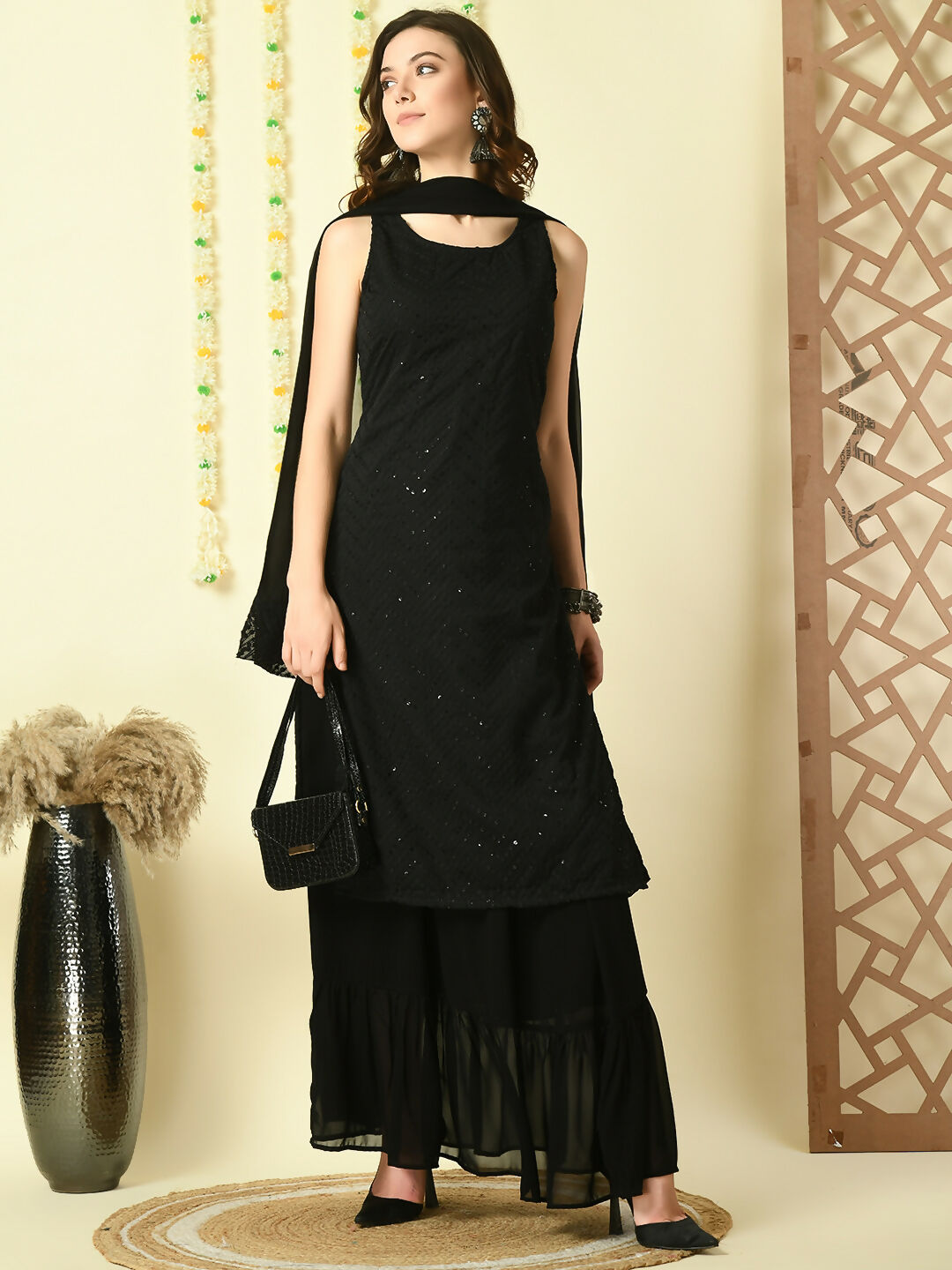 Myshka Women's Black Georgette Kurta & Skirt With Dupatta Party Sets - Distacart