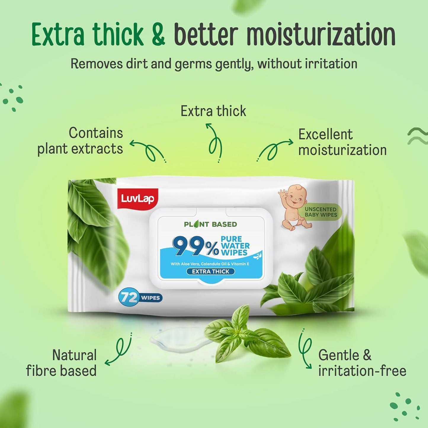 LuvLap Plant Based 99% Pure Water Extra Thick Unscented Baby Wipes - Distacart