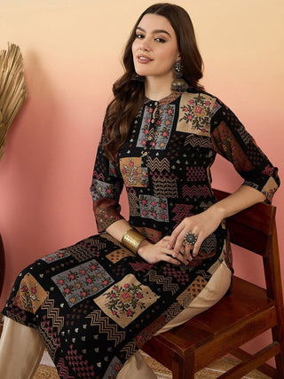 Anouk Ethnic Motifs Printed Beads And Stones Mandarin Collar A-Line Kurta - Distacart